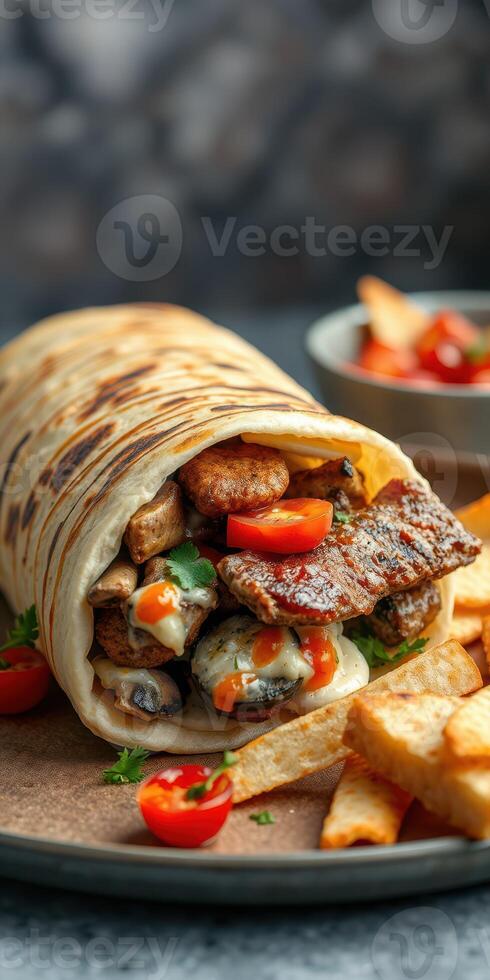 Delicious wrap filled with grilled meat and fresh vegetables served with crispy fries on a wooden platter photo