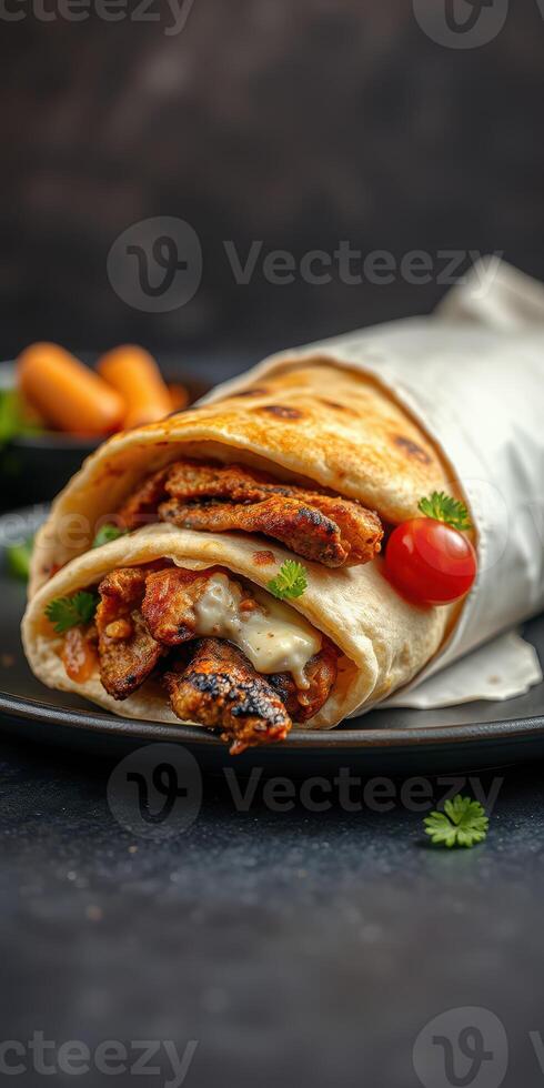 Delicious chicken wrap with fresh tomatoes and herbs placed elegantly on a black plate photo