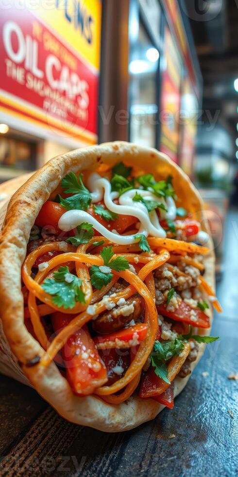Delicious wrap filled with noodles, fresh vegetables, and flavorful sauce in a bustling market setting photo