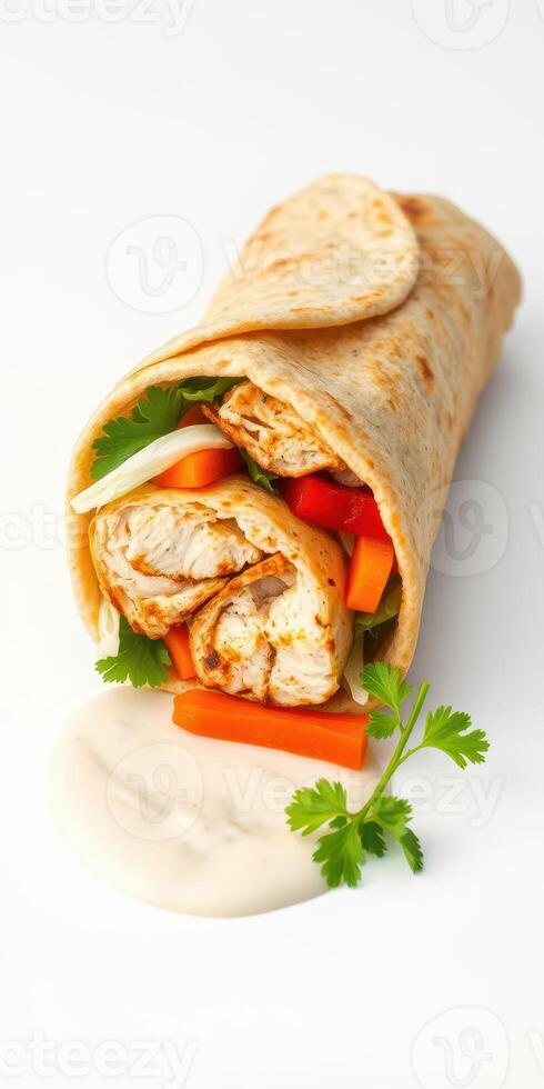 Grilled chicken wrap with fresh vegetables and sauce showcases appetizing culinary art in bright setting photo