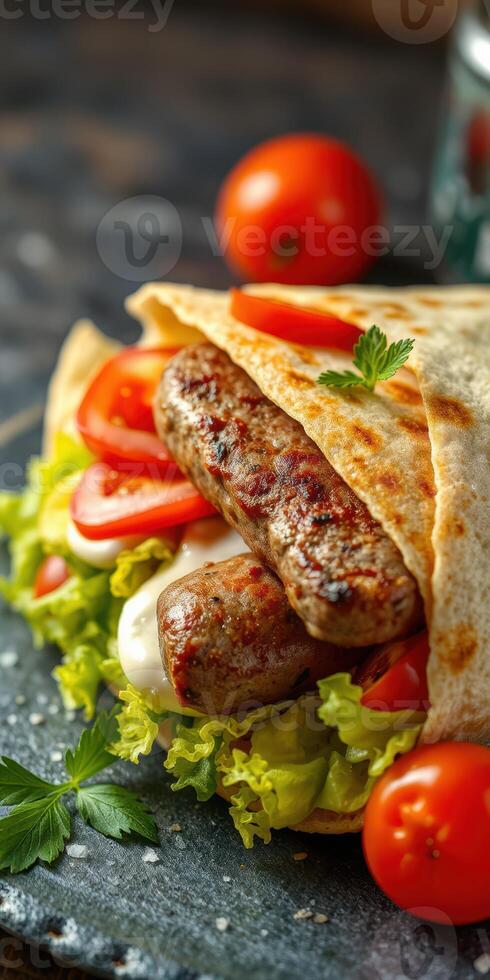 Savory grilled sausages wrapped in fresh flatbread with salad and cherry tomatoes at a vibrant food setting photo