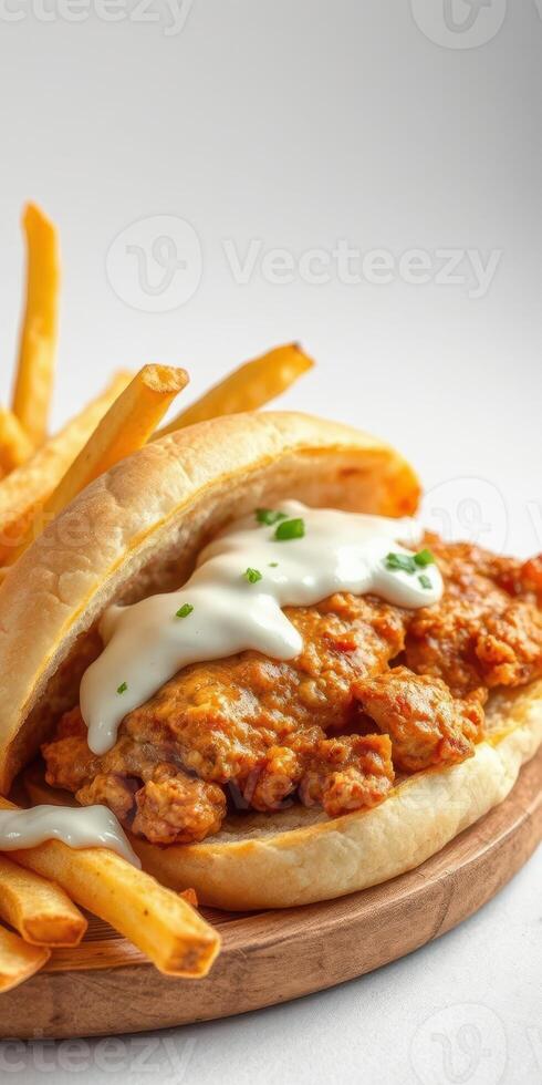 Delicious crispy chicken sandwich served with golden fries and drizzled with creamy sauce photo