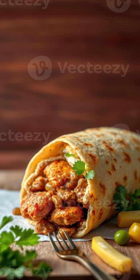 Delicious chicken wrap with fresh herbs and spices served on a wooden table photo