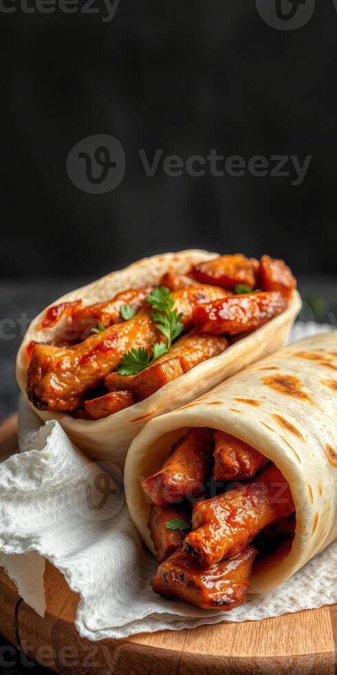 Delicious grilled chicken wraps with flavorful sauces and fresh herbs on a wooden platter photo