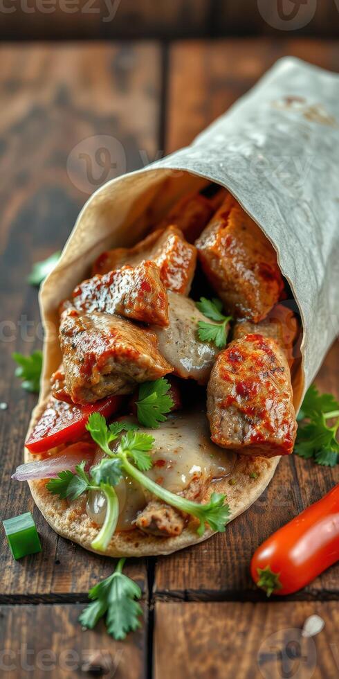 Delicious skewered meat wrapped in a soft tortilla with fresh herbs and vegetables stands out on a rustic wooden surface photo
