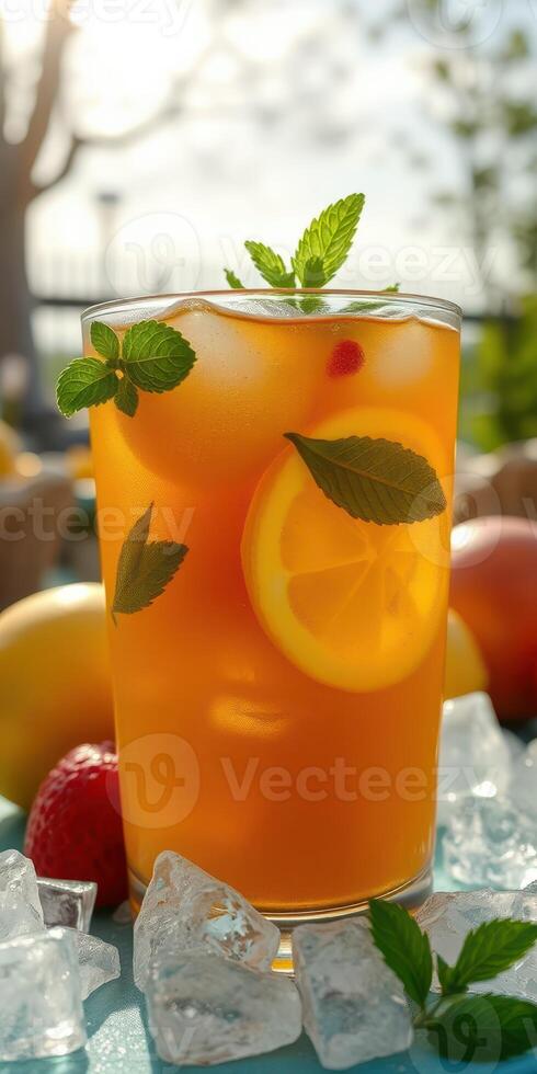 Refreshing summer beverage with mint and citrus displayed on a sunny day outdoors photo