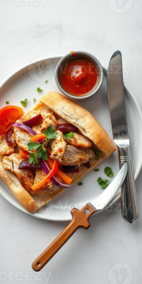 Grilled chicken sandwich with fresh vegetables and dipping sauce served on a white plate photo