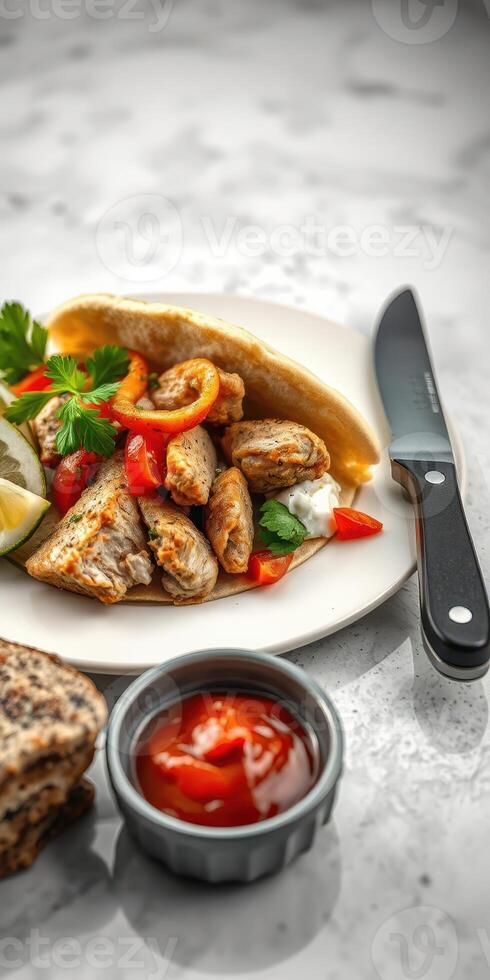 Juicy grilled chicken with fresh peppers and warm flatbread served with a side of spicy sauce photo
