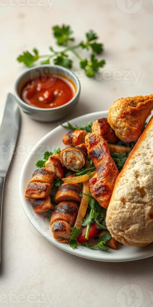 Grilled chicken and sausage served with fresh salad and bread at a dining table photo