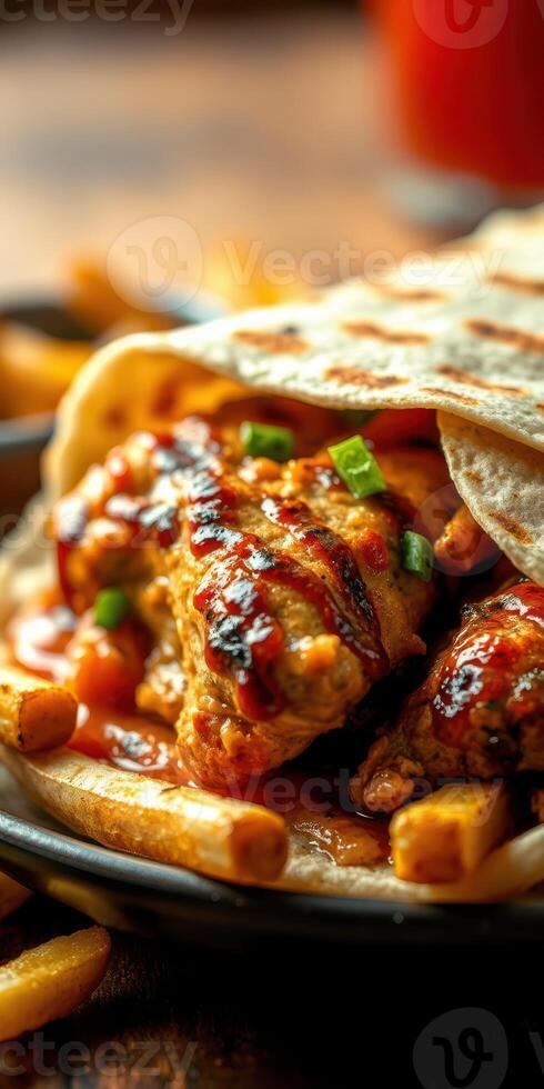 Grilled chicken tacos served with fries and flavorful sauces in a vibrant setting photo
