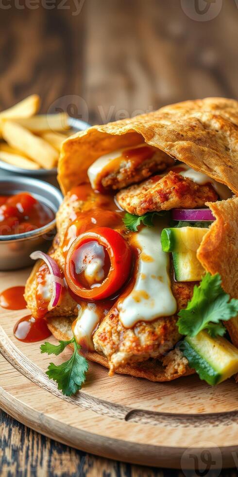Delicious chicken wrap with fresh vegetables and sauce served with fries and salsa on a rustic wooden table photo
