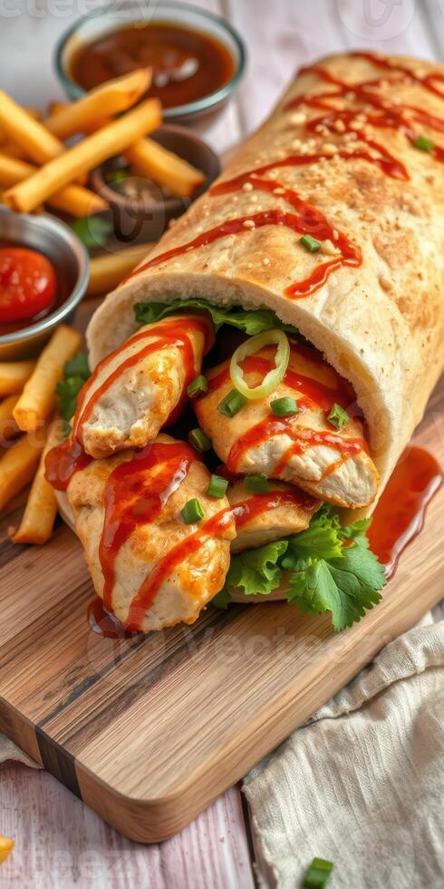 Delicious chicken wrap served with crispy fries and tangy sauces on a wooden board photo
