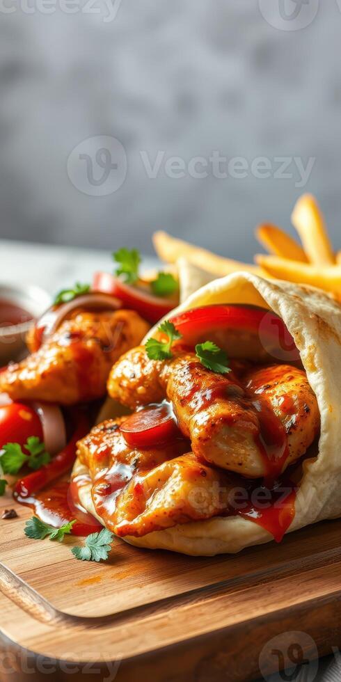 Juicy grilled chicken wraps with fresh vegetables and crispy fries served on a wooden board photo