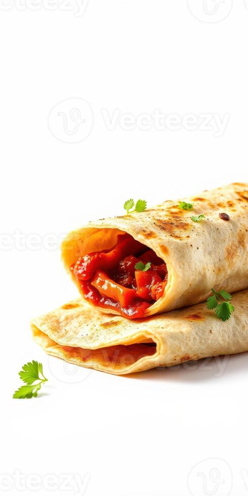Delicious rolled wrap with spicy sauce and fresh herbs ready to be enjoyed photo