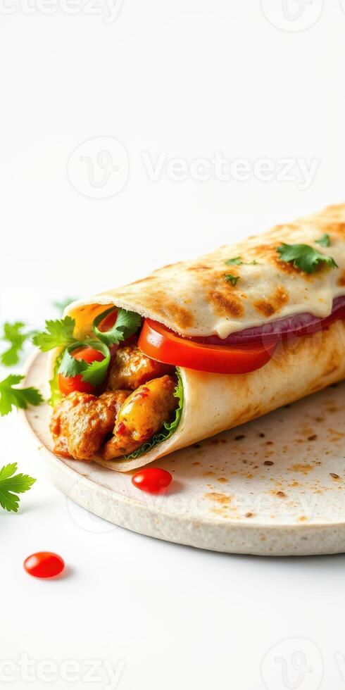 Delicious wrap filled with spicy grilled chicken and fresh vegetables served on a light plate photo