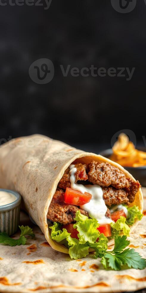 Delicious wrap filled with seasoned meat, fresh vegetables, and creamy sauce served on a dark background photo