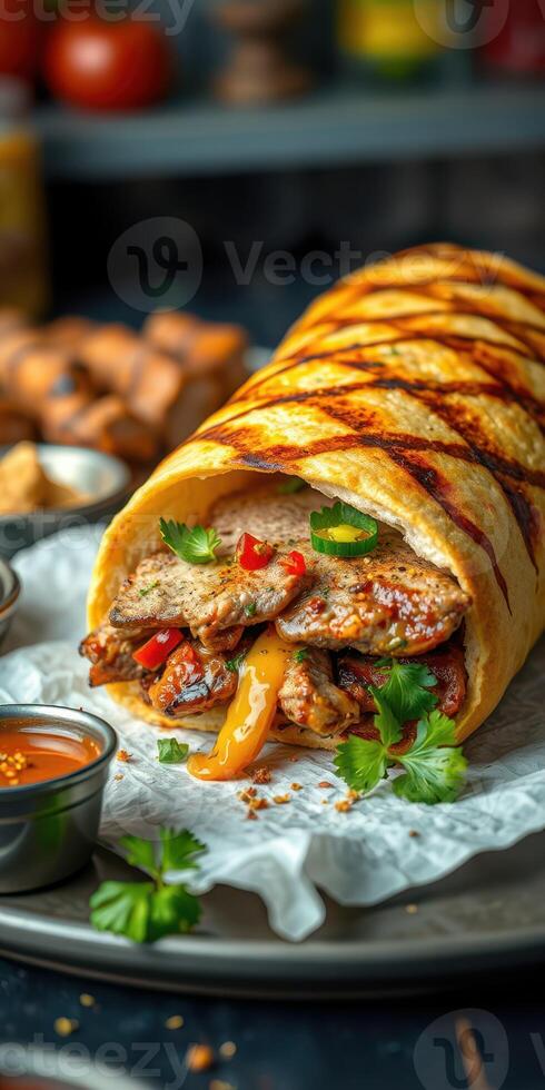 Savory wrap filled with grilled chicken, peppers, and sauce served with crispy sides photo