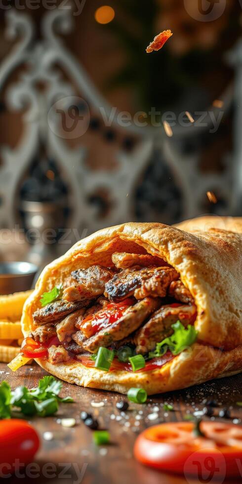 Delicious grilled chicken wrap served with crispy fries in a vibrant dining setting during the evening photo