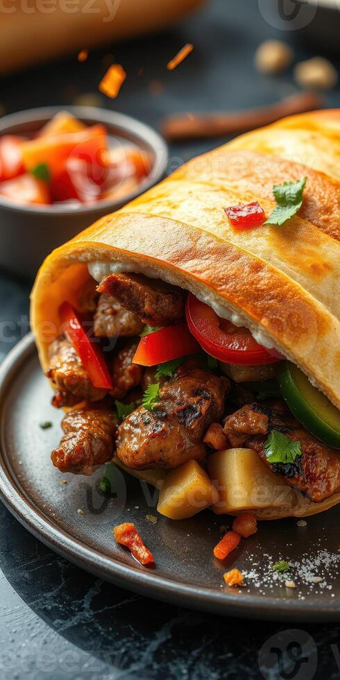 Delicious burrito filled with grilled meat, fresh vegetables, and savory sauces served on a dark plate photo