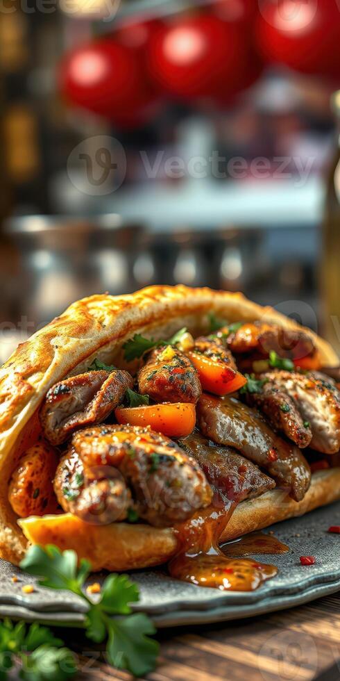 Delicious grilled meat sandwich with fresh vegetables and sauce on a rustic plate photo