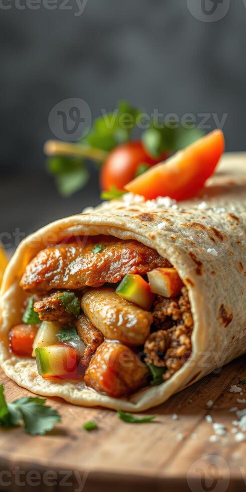 Delicious wrap filled with grilled chicken, fresh vegetables, and herbs served on a rustic wooden board photo