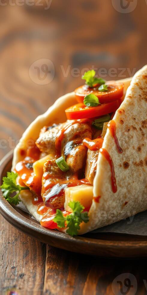 Delicious chicken taco filled with fresh vegetables and spicy sauce on a wooden table photo