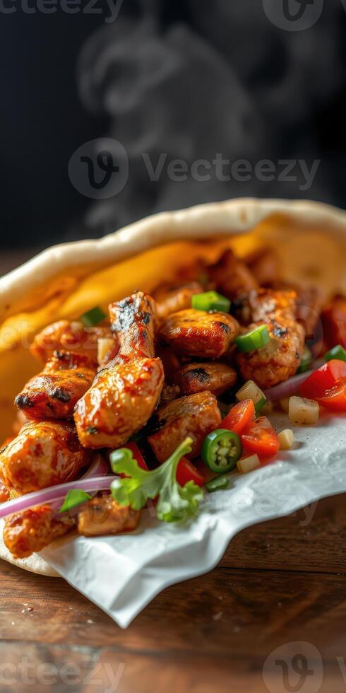 Grilled chicken wrap filled with fresh vegetables served in a cozy setting photo