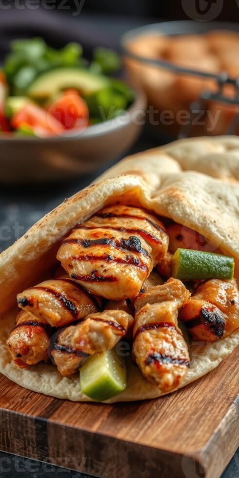 Grilled chicken wrapped in flatbread with fresh lime and side salad served on wooden board photo