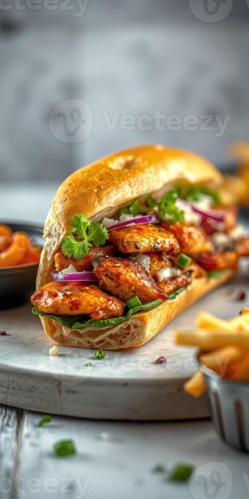 Delicious grilled chicken sandwich served with fresh vegetables and side fries at a casual eatery photo