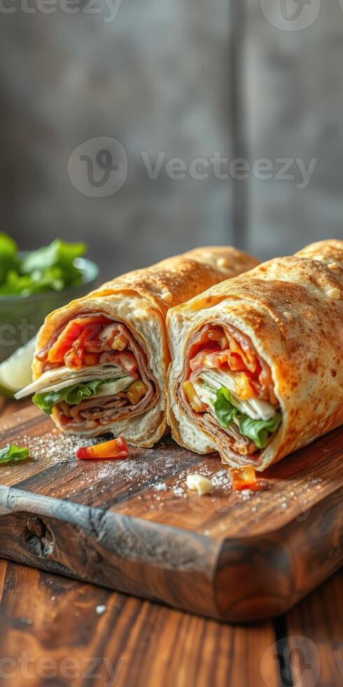 Delicious wraps with fresh vegetables and chicken on a wooden cutting board at a cozy kitchen photo