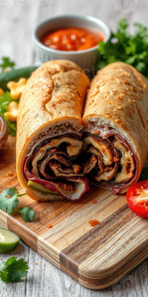 Savory wrap filled with delicious layers of meats and sauces presented on a wooden cutting board photo