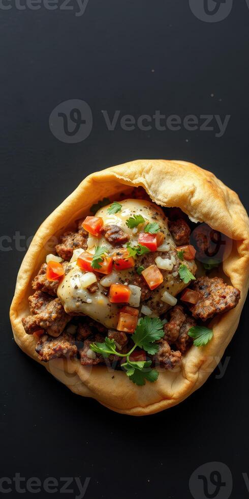 Delicious pita filled with spiced meat, onions, and fresh vegetables paired with a creamy sauce photo