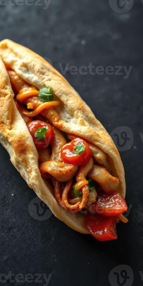 Delicious grilled chicken wrap filled with fresh vegetables and herbs on a dark background photo