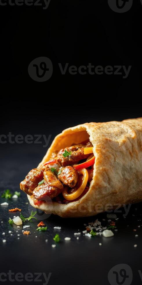Savory wrap filled with marinated meat and fresh vegetables on a dark backdrop photo