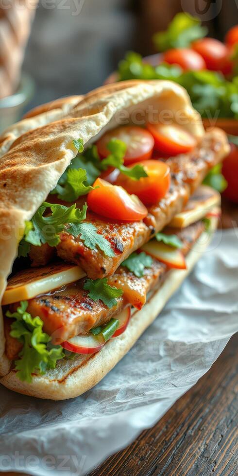 Delicious grilled chicken sandwich with fresh vegetables and herbs for a satisfying meal experience photo