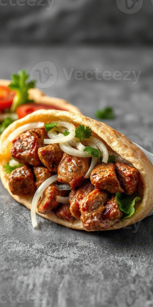 Savory meat wrap with fresh vegetables ready to be enjoyed at a casual dining setting photo