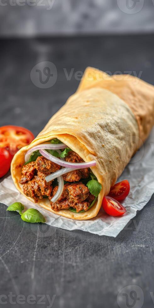 Delicious wrap filled with spiced meat, fresh herbs, and vegetables served on a wooden table photo