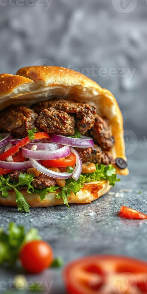 Mouthwatering burger topped with fresh vegetables served on a rustic grey background photo