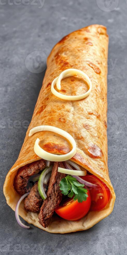 Delicious wrap filled with tender beef, fresh vegetables, and flavorful sauces, served on a simple grey background photo