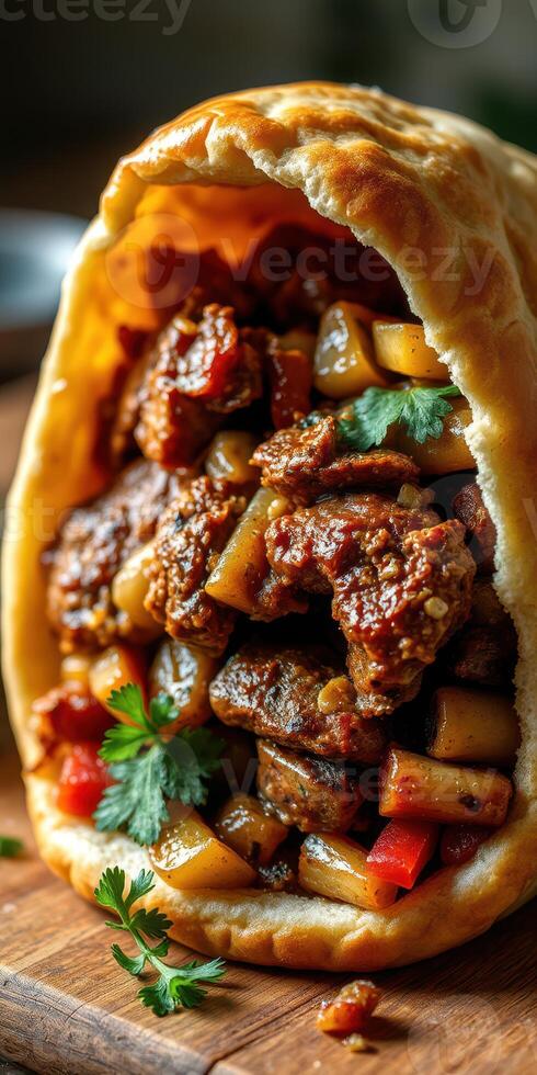 Savory wrap filled with spiced meat and vegetables served on a wooden table photo
