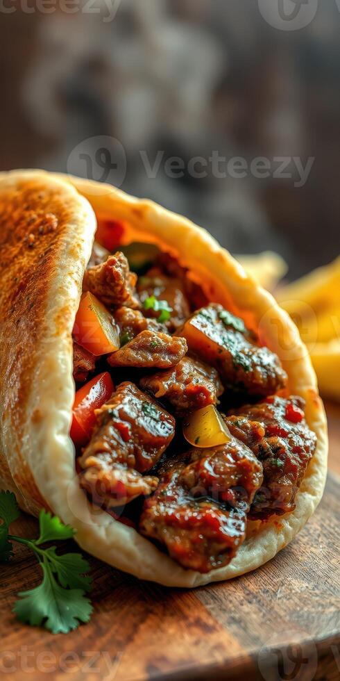 Savory beef filling wrapped in warm flatbread with fresh vegetables served at a vibrant food market photo