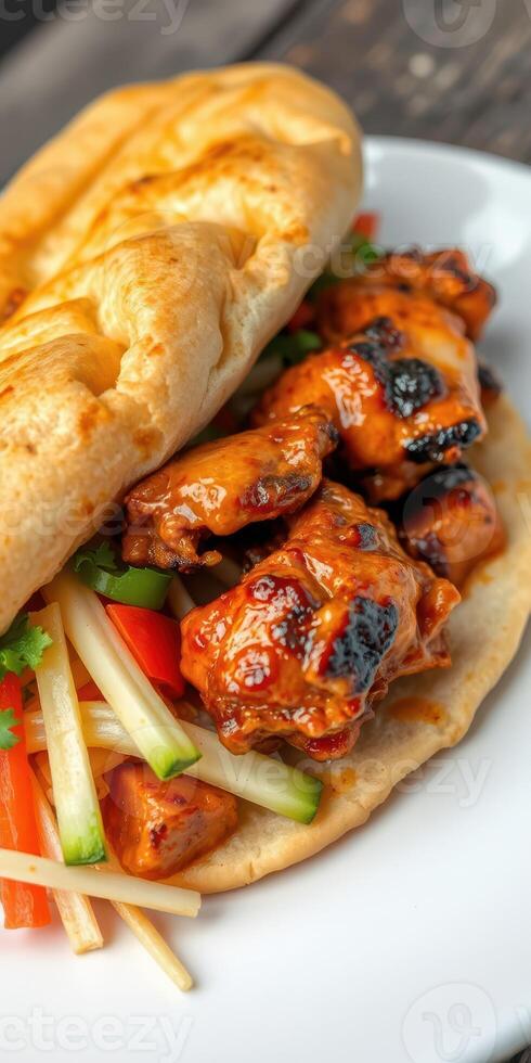 Delicious grilled chicken wrap with fresh vegetables served on a white plate in a cozy setting photo