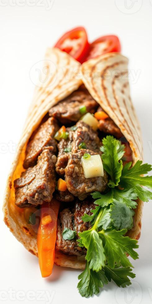 Delicious beef wrap filled with fresh vegetables and herbs served on a plain background photo