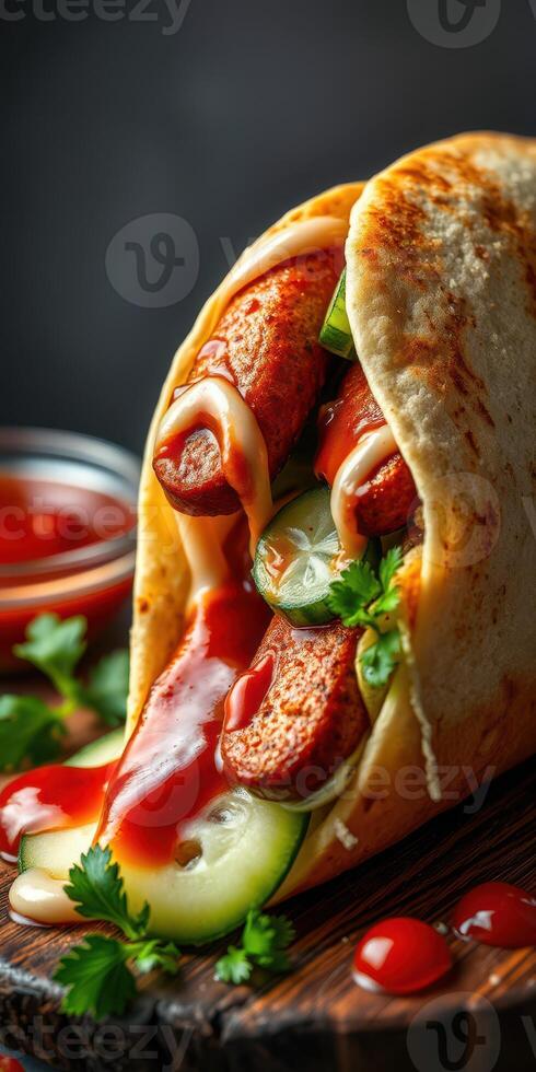 Delicious taco filled with savory sausage and fresh vegetables, garnished with sauces and herbs for a tasty treat photo