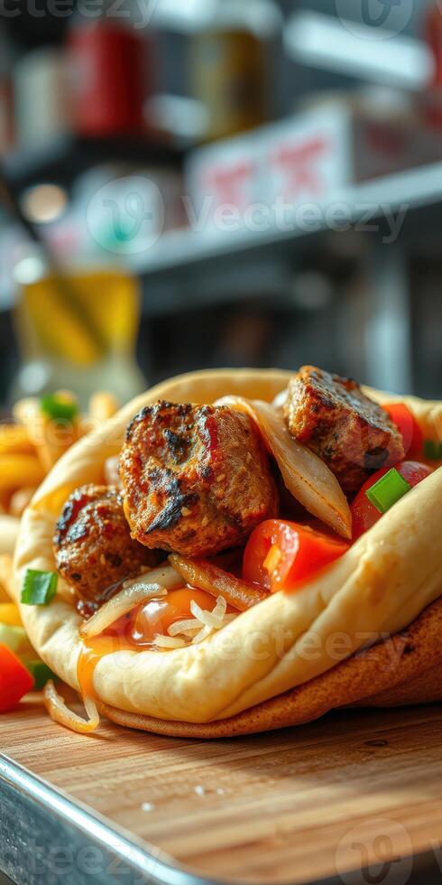 Savory meatball sub with fresh vegetables and crispy fries served in a vibrant eatery setting photo