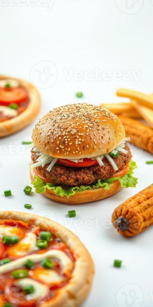Delicious freshly prepared burger with fries and mini pizzas on a clean white table photo