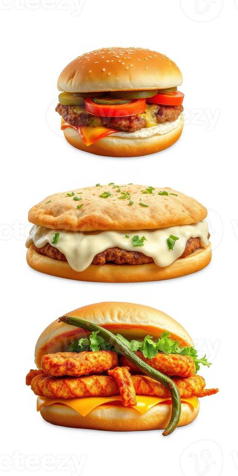 Delicious assortment of three unique sandwiches featuring fresh ingredients and generous toppings photo