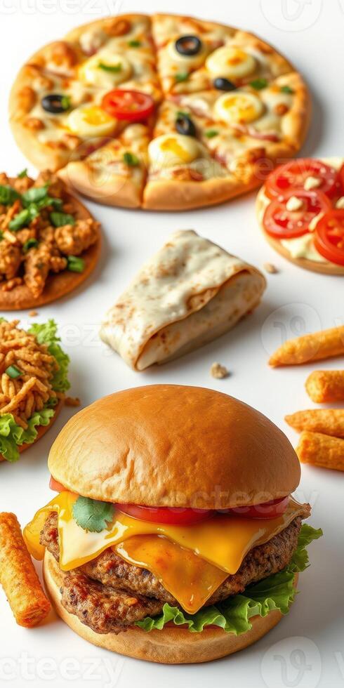 Delicious fast food spread featuring burgers, pizza, and sides in a vibrant layout photo