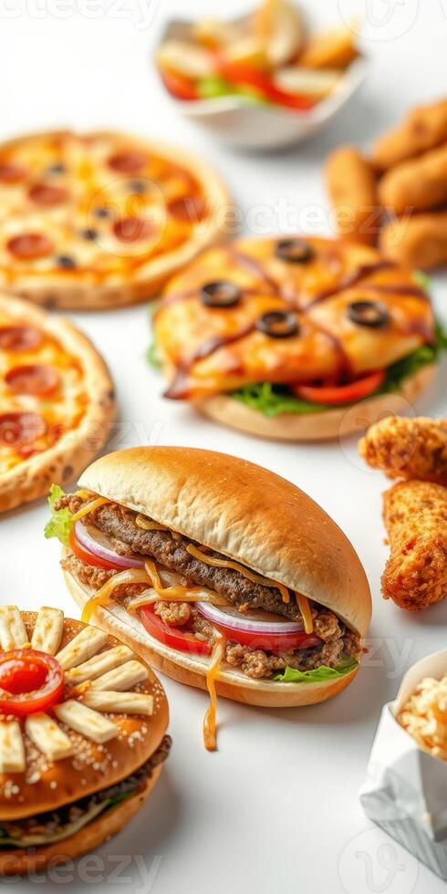 Delicious fast food spread featuring burgers, pizza, and chicken appetizers for a casual gathering or celebration photo
