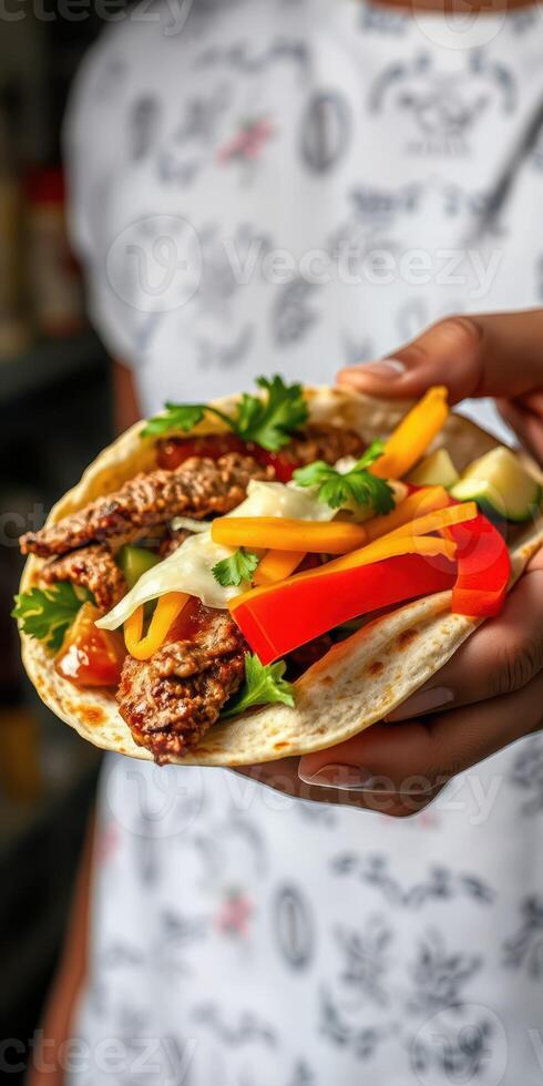 Freshly prepared taco with grilled chicken and colorful vegetables in a casual setting photo
